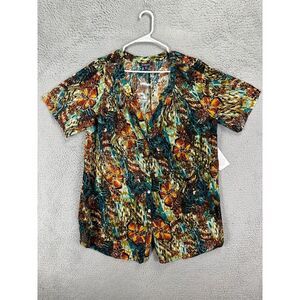 Roamans Shirt Womens‎ 24W Plus Multi Floral V-Neck Button Up Blouse Ladies NEW